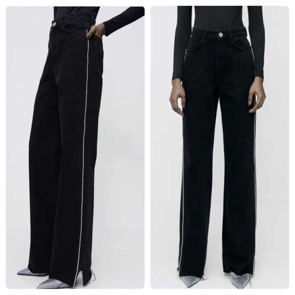 NWOT Zara Z1975 Side Jewel Straight Black Denim Jeans Full Length Size 8